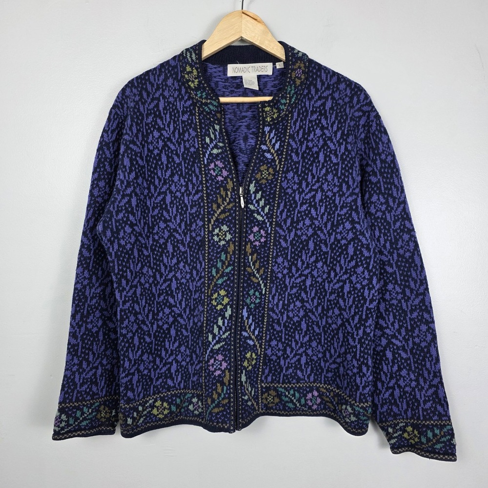 Nomadic Traders Purple Floral Zip Front Cardigan Sweater Ramie Cotton Womens L